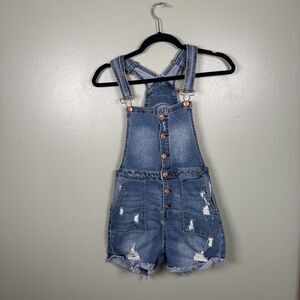 No Boundaries Distressed Denim Bib Skater Overall Shorts Juniors M (7-9) Buttons